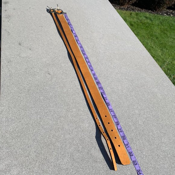 Brave Vintage 90s Y2K Tan Leather Gold Buckle Double Wide Skinny Belt - Picture 8 of 14